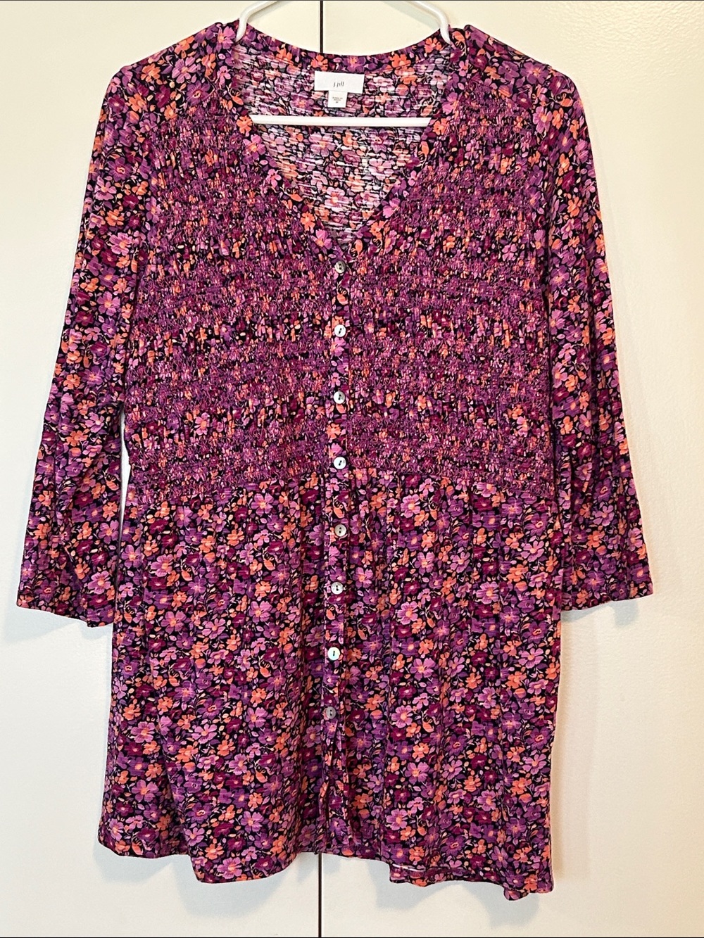 Button-Front Floral Tunic Top in Purple and Pink